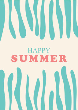 A cheerful bright modern abstract summer vector background featuring vertical turquoise stripes, cute typography, and a warm cream palette for creative seasonal greeting card designs.