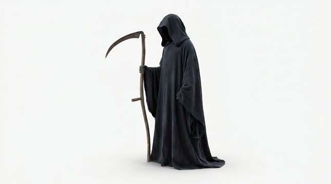Grim reaper in black hooded robe holding a scythe isolated on white background