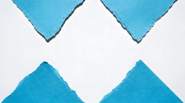 Four blue paper corners frame a central white background area with jagged edges and deep shadows.