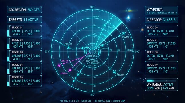 Air Traffic Flight Control Radar HUD Interface Display with Telemetry Data Aircraft Position Targets and Navigation System Background