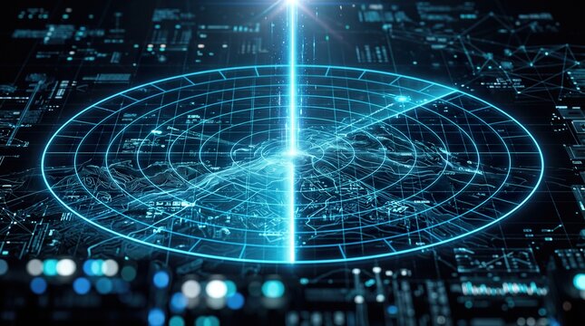 Isometric Digital Radar Screen Target Interface HUD Display with Vertical Light Beam Scanner and Cyber Network Grid Background