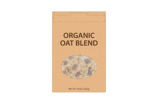 Bolsa de papel kraft marr&oacute;n para alimentos con ventana transparente que muestra una mezcla de avena org&aacute;nica, dise&ntilde;o de empaque minimalista aislado sobre un fondo blanco limpio para marketing de