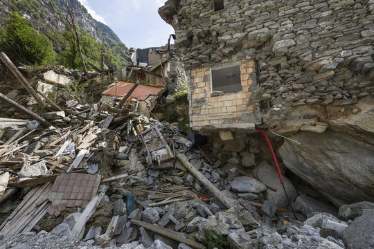 Devastation of a house due to debris and boulders, as a result of heavy rock and debris flow on the night of June 29-30, 2024 following heavy rains, Fontana, Bavona Valley or Val Bavona, Maggia Valley, Tessin, Switzerland