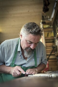 Work on the lid of the instrument, master luthier Rainer W. Leonhardt, Mittenwald, Bavaria, Germany