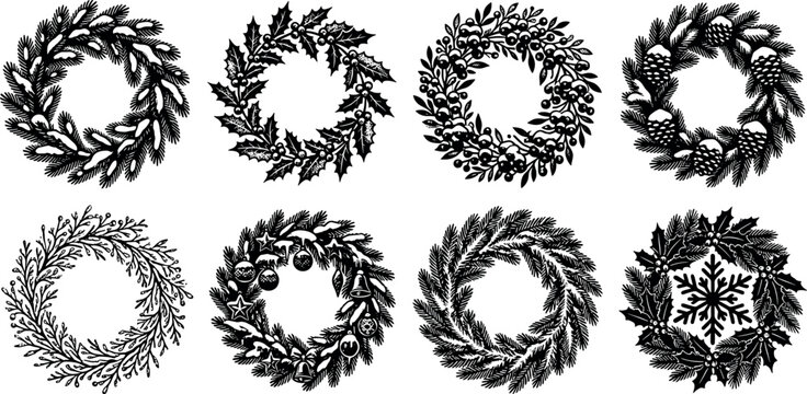 Christmas wreaths collection with black silhouette snowy pine branch holly leaf berry pinecone and snowflake holiday circular frame templates.