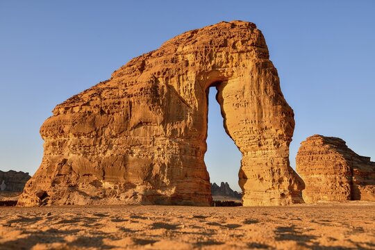Elephant Rock or Elephant Rock in First Daylight, AlUla, Medina Province, Saudi Arabia, Arabian Peninsula