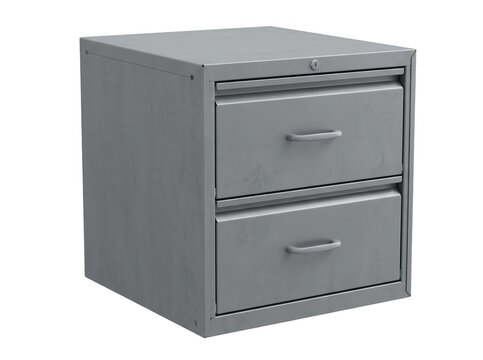Un archivador de metal gris de dos cajones con cerradura, dise&ntilde;ado para la organizaci&oacute;n eficiente de documentos en oficinas modernas, presentado sobre un fondo blanco limpio y aislado para su edici&oacute;n.