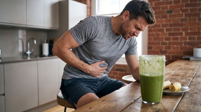 Man suffering from stomach pain while sitting at a kitchen table with a green smoothie