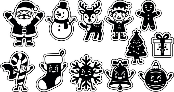 Cute Christmas character stickers set with full body santa snowman elf reindeer gingerbread tree vector design