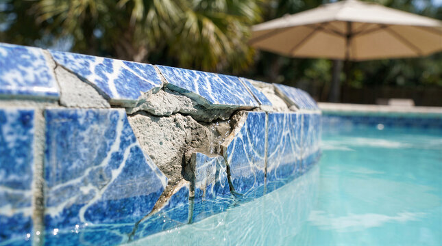 Damaged swimming pool edge with cracked blue decorative tiles and exposed concrete mortar near the water surface