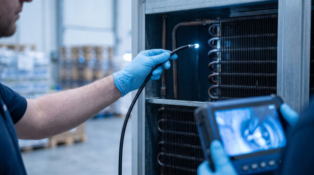 Technician using an industrial borescope camera to inspect the internal components and cooling coils of a commercial hvac unit