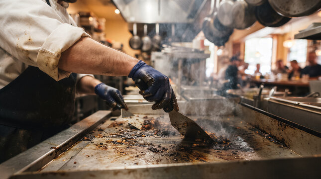 Professional chef cooking food on a hot commercial kitchen griddle with steam rising