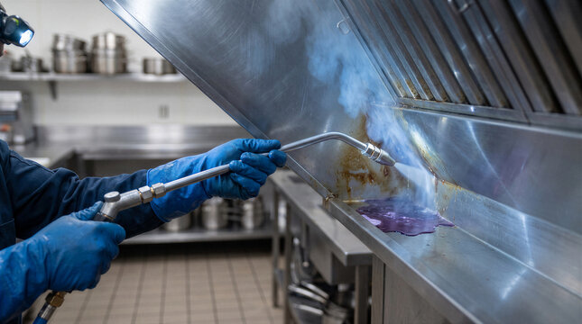 Professional cleaner using highpressure steam equipment to sanitize and degrease a commercial kitchen exhaust hood system