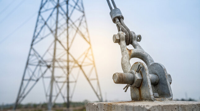 Closeup of a steel guy wire anchor connected to a concrete base with a highvoltage electricity transmission tower in the background