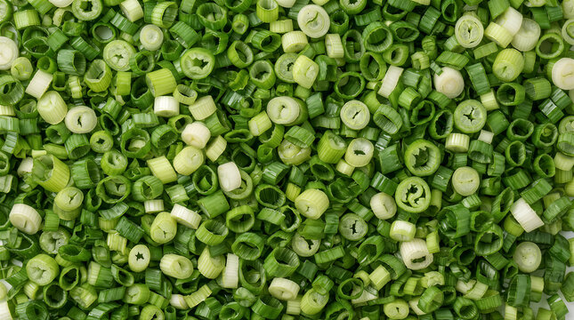 Freshly chopped green onions or scallions arranged in a dense pattern, top view of sliced spring onion vegetable pieces