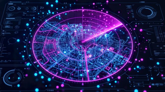 Futuristic Magenta and Purple Radar Scanning Grid Interface Displaying Cyber Data Target Tracking Telemetry Technology Background
