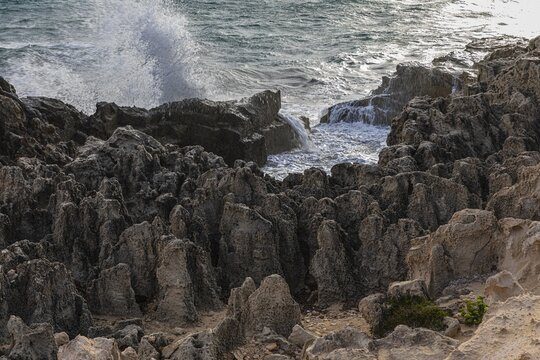 Eroded rocks on the beach of Salines, Ibiza, Balearic Islands, Mediterranean Sea, Spain