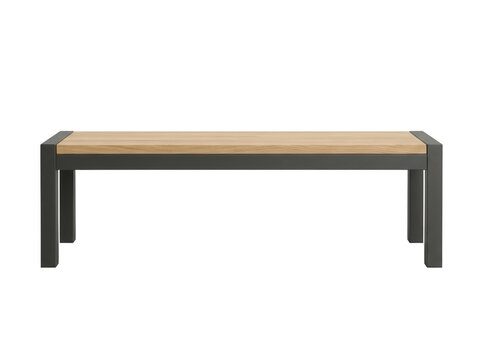 Banco moderno de dise&ntilde;o minimalista con asiento de madera clara y estructura de metal gris oscuro, aislado sobre un fondo blanco puro para proyectos de interiorismo, decoraci&oacute;n y mobiliario