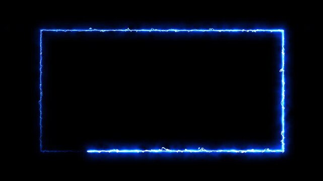 Glowing blue electric energy effect border animation loop on black background, glowing neon rectangle frame animation, futuristic abstract border for digital display, and cinematic digital border, 4k