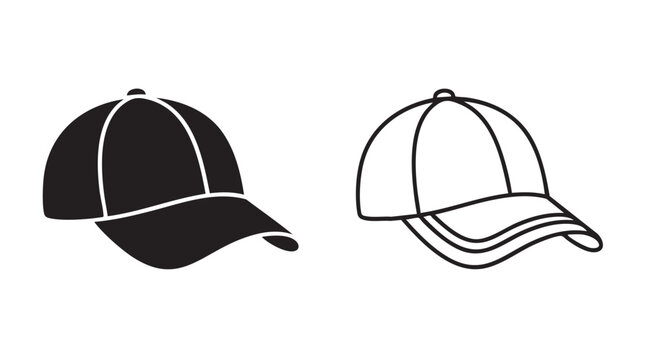 baseball cap icon set, black and white design featuring hat