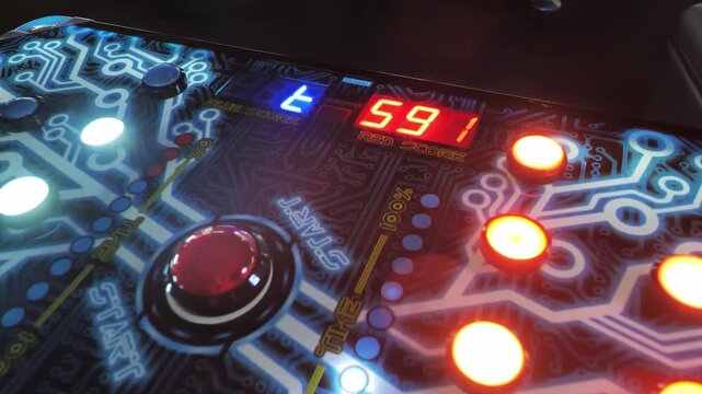 Glowing arcade buttons surround red digital score display on dark console