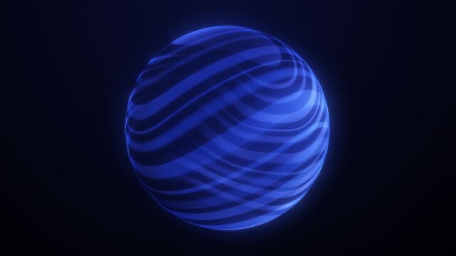 Blue 3D looped orb. Spherical round digital glow ball. AI core technology. Energy orb. Electric blue ball with a glowing halo around the edge against dark graphics on science and technology themes.