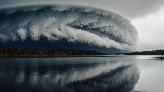 Massive storm cloud rolling over tranquil lake and forest landscape