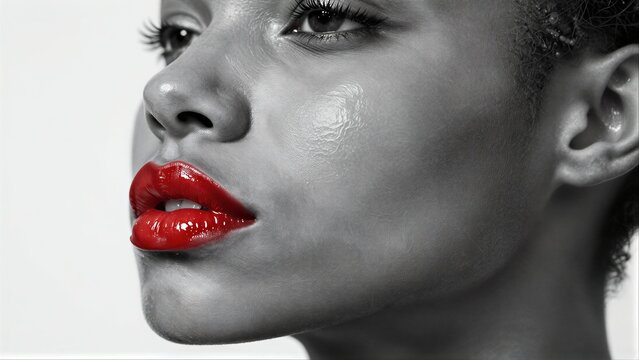 Bold red lips contrast against monochrome skin, capturing allure and intensity.
