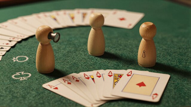 Wooden pawns on green felt, cards spread out for a game.