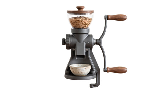 Vintage Style Manual Coffee Grinder with Wooden Handle and Glass Bean Hopper PNG Isolated on transparent background