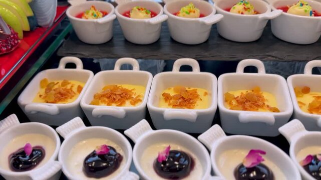 Close-up of assorted miniature creamy pudding desserts served in small white bowls. The colorful catering display features fruit glaze, raisins, and edible petals at an indoor restaurant buffet.