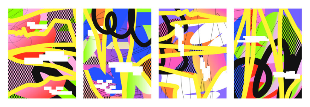 Abstract vibrant poster set design. Maximalist  bold black scribble graffiti style. Colorful chaotic doodle art layout. Dynamic street art graphic background bundle.