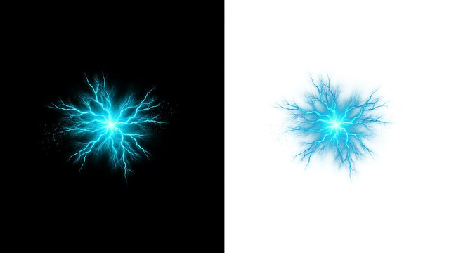 Star-shaped blue electric lightning bolt discharge isolated on black and white backgrounds