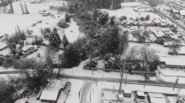 Aerial View Melipeuco Snow Houses Rooftops Streets High Frame Rate Town Chile Landscape