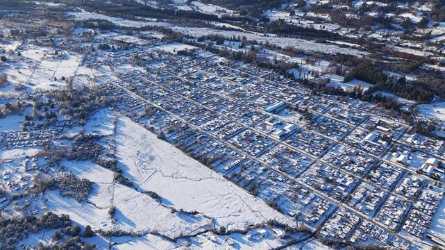 Aerial Drone Flight Melipeuco Town Square Grid Layout Snow Streets Chile City Urban Landscape