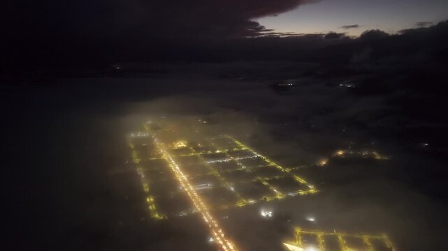 Aerial View Melipeuco Night Lights Cloud Fog Grid Snow Chile City Establishing Shot