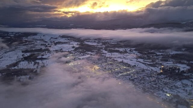 Aerial High Altitude View Melipeuco Town Clouds Sunset Golden Hour Chile Winter Landscape