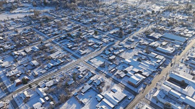 Aerial View Melipeuco Town Layout Snow Streets Traffic Chile City Landscape
