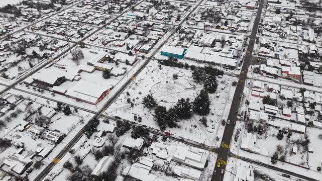 Aerial View Melipeuco Town Square Streets Traffic Snow Covered Roofs Chile City Landscape
