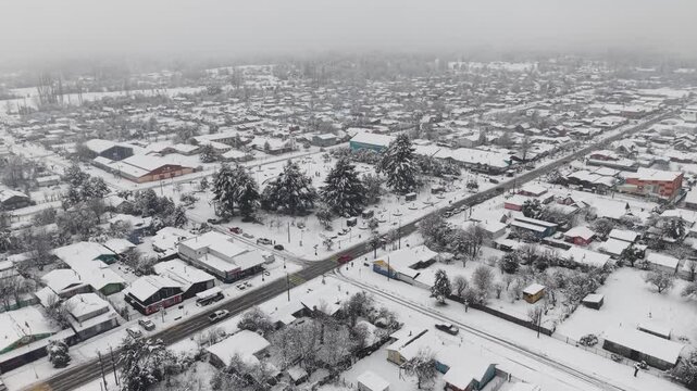 Aerial View Melipeuco Plaza de Armas Snow Main Road Traffic Chile City High Frame Rate