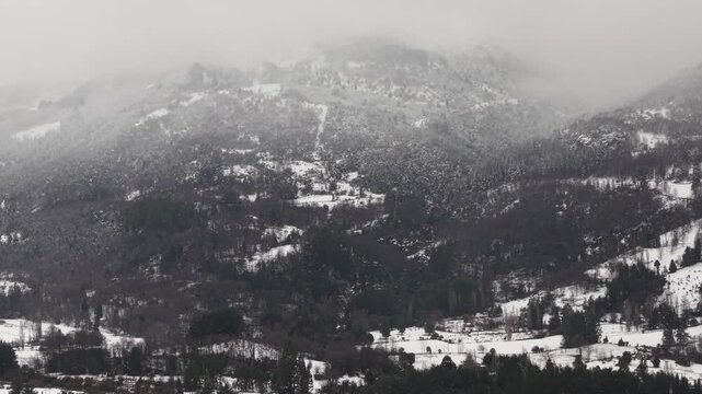Aerial View Snow Mountains Misty Winter Forest Melipeuco Andes Chile Landscape
