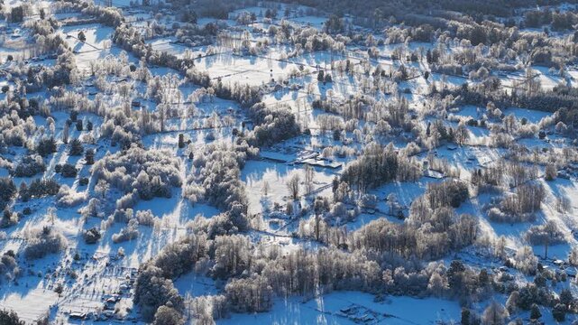 Aerial View Melipeuco Snow Forest Houses Rural Land Morning Sunrise Chile Landscape
