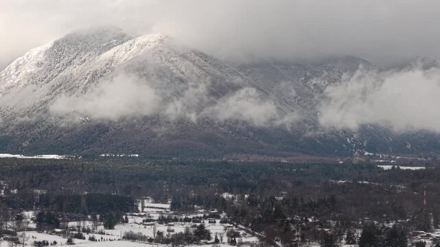 Aerial View Epic Snow Mountains Clouds Valley Melipeuco Chile Winter Landscape