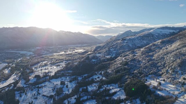Aerial View Snowy Mountain Foothills Sunrise Valley Nature Chile Winter Landscape, Melipeuco Cordillera