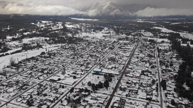 Aerial View Melipeuco Town Streets Snow Roofs Mountain Background Chile Cityscape, Landscape in Andean Cordillera