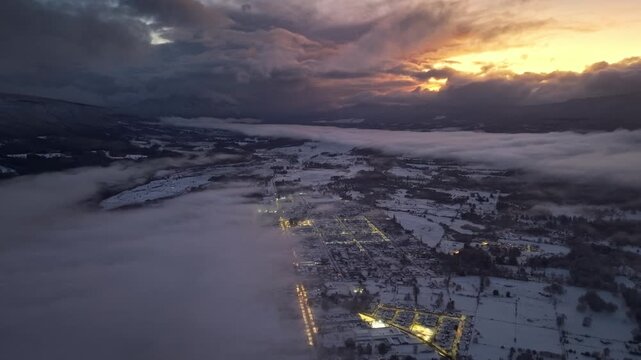 Aerial Flight Sunset Golden Hour Melipeuco Snow Town Fog Inversion Chile Winter City Landscape