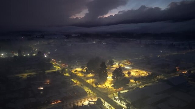 Aerial View Melipeuco Town Sunset Fog Night Lights Snow Chile City Landscape