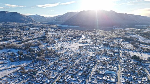 Aerial Drone Flight, Sunrise Over Snow Andes Mountains Melipeuco Town Chile Winter