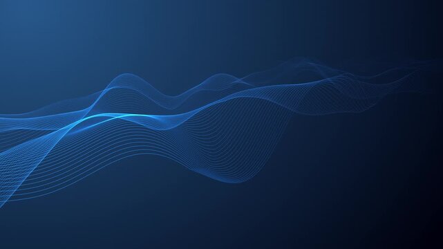 Blue neon flowing lines create smooth wave motion on dark navy gradient. Luminous mesh waveform with cyan glow, futuristic tech data flow, VJ loop.