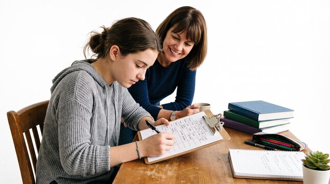 Mother helping daughter with homework and study schedule at wooden desk